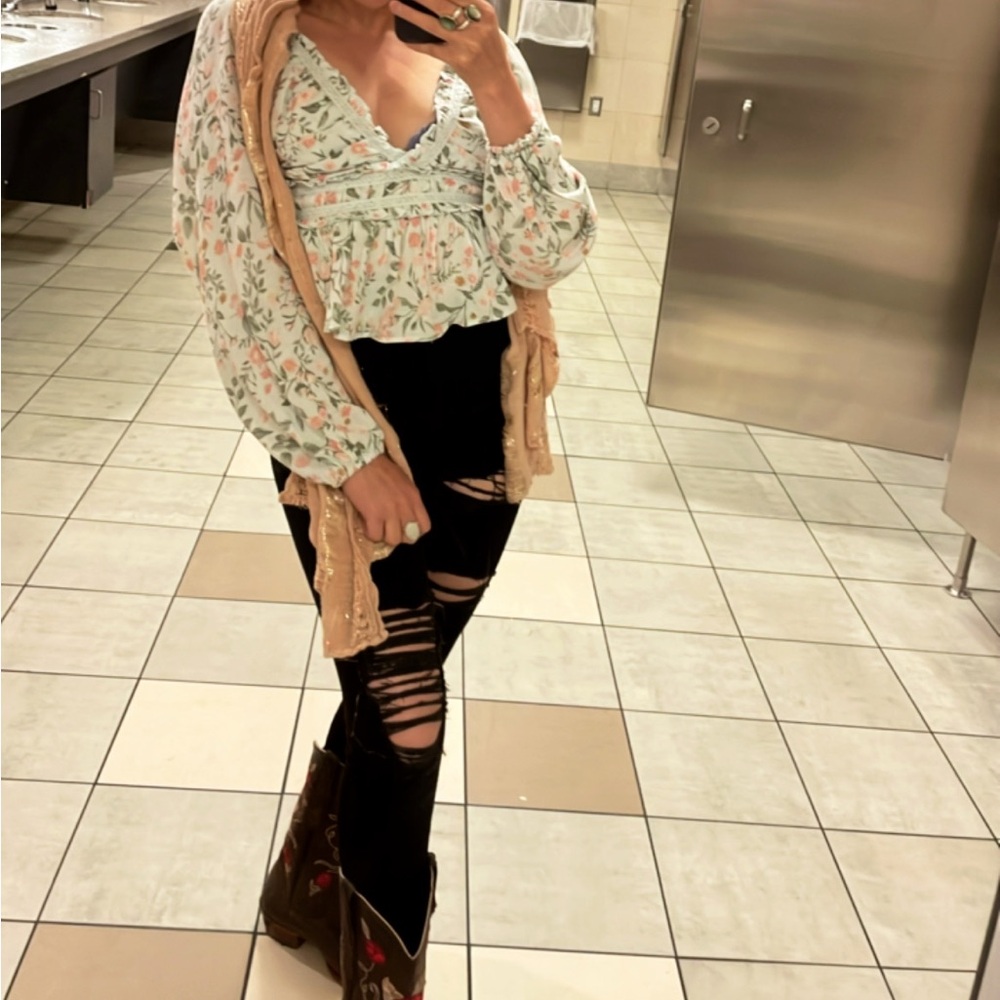 GUESS Pink and Green Floral Lace Blouse